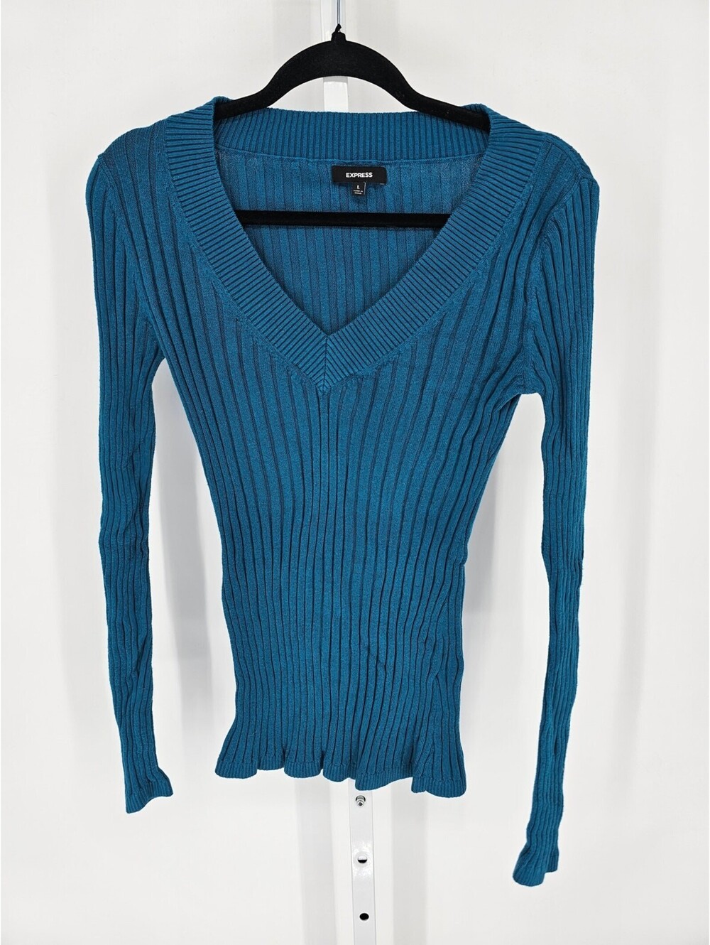Vintage Y2K Express Womens Sz L Fitted V Neck Sweater Blue Ribbed